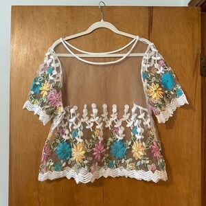 Floral Embroidered Sheer Top - Multicolor